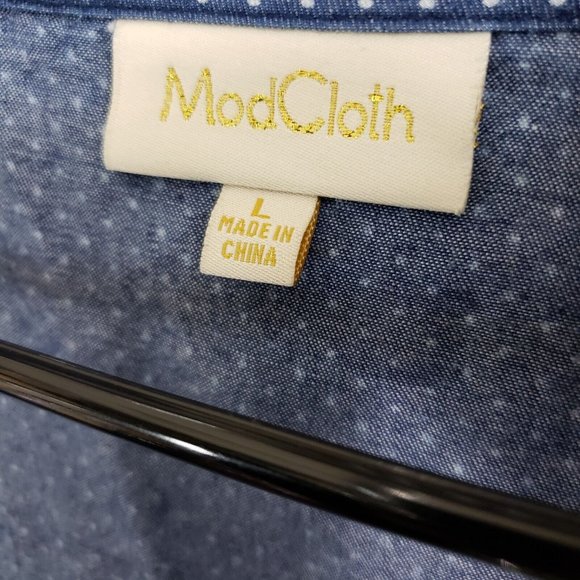 Modcloth Womens Top Sz Large Blue‎ Polka Dot Cap Sleeve V-Neck Belted - Picture 4 of 4